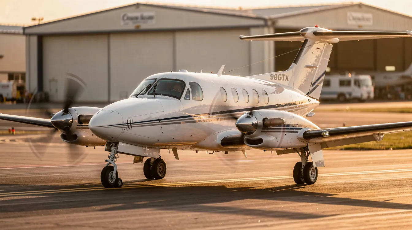 The image features a Beechcraft King Air C90GTx aircraft, showcasing its sleek design and impressive wingspan. This model, known for its performance and comfort, can accommodate seven passengers and is equipped with advanced avionics for enhanced flight operations.