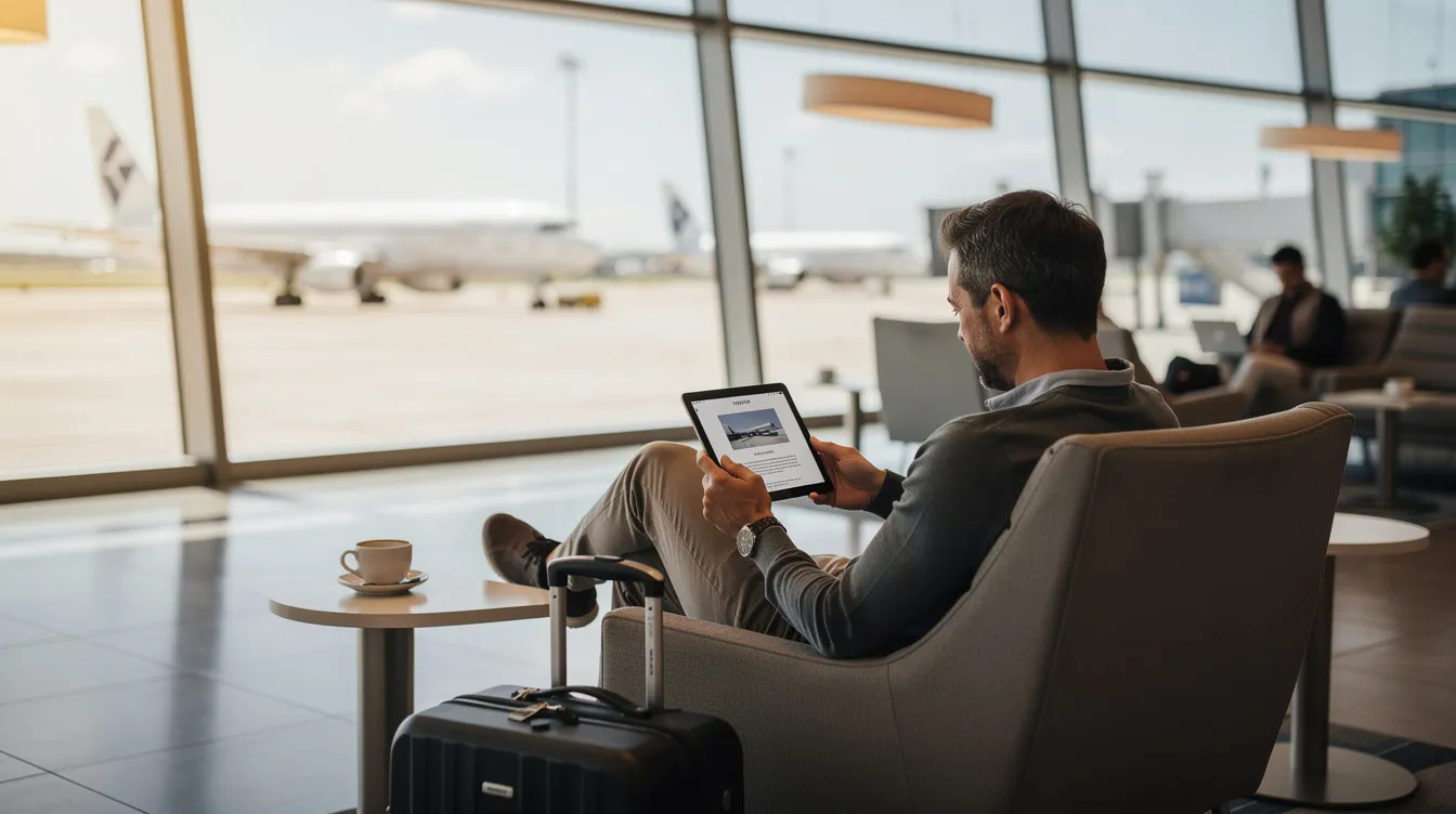 A person is seated in a comfortable airport lounge, focused on a tablet device, while large windows reveal a view of various aircraft, including a Beechcraft King Air, parked outside. The scene captures a moment of travel anticipation, blending modern technology with the bustling atmosphere of air transport.