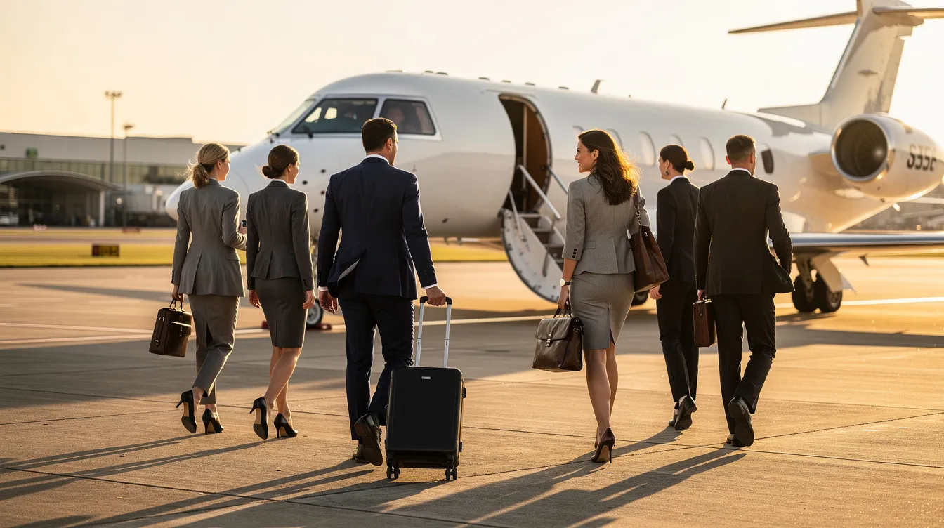 A group of business travelers walks purposefully across the airport tarmac towards a sleek Boeing business jet, showcasing the unmatched comfort and tailored features of the aircraft. The private jet, part of the Boeing BBJ range, is ready to transport them to their next destination, emphasizing the efficiency and luxury of business travel.