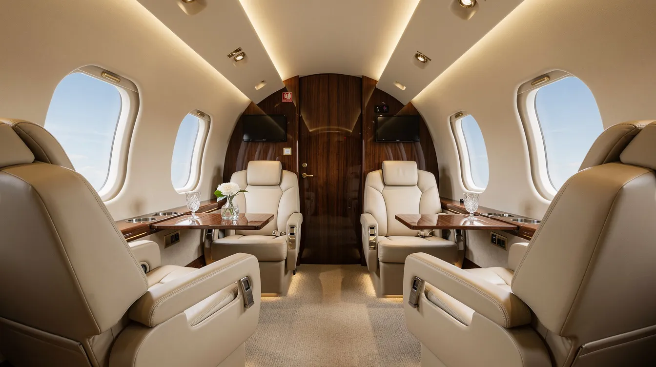 The image depicts the luxurious interior of a private jet cabin, featuring plush leather seating, elegant wood paneling, and large windows that provide ample natural light. This Boeing business jet (BBJ) is designed for unmatched comfort and privacy, making it an ideal choice for business travel.