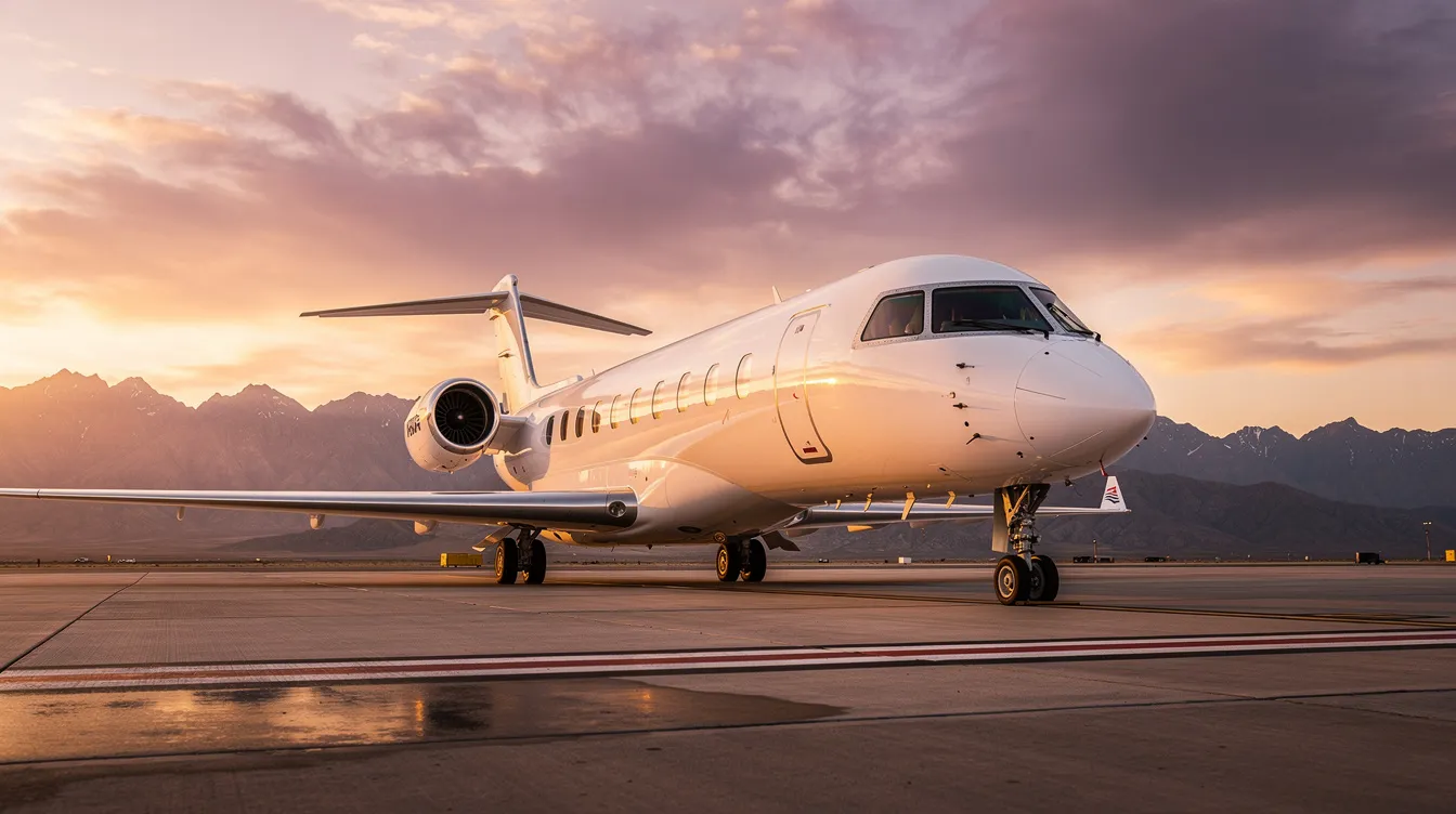 A white Boeing business jet (BBJ) is parked on an airport tarmac at sunset, with majestic mountains in the background. The aircraft, known for its unmatched comfort and spacious cabin, stands ready for private transport, showcasing its sleek fuselage and landing gear against the vibrant sky.