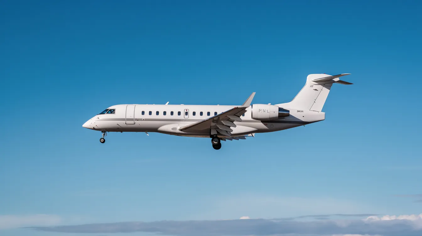 A modern regional jet aircraft is depicted in side profile, soaring against a clear blue sky. This image showcases the sleek design and aerodynamic features of the regional airliner, highlighting its role in providing efficient service for medium-range flights to smaller airports.