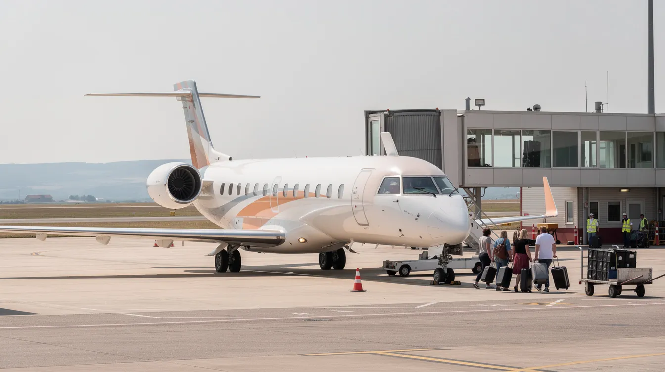 A regional jet aircraft is parked at a small regional airport terminal, where passengers are boarding for their medium-range flights. This scene highlights the convenience and efficiency of regional airlines, serving smaller airports and enhancing travel options for local communities.