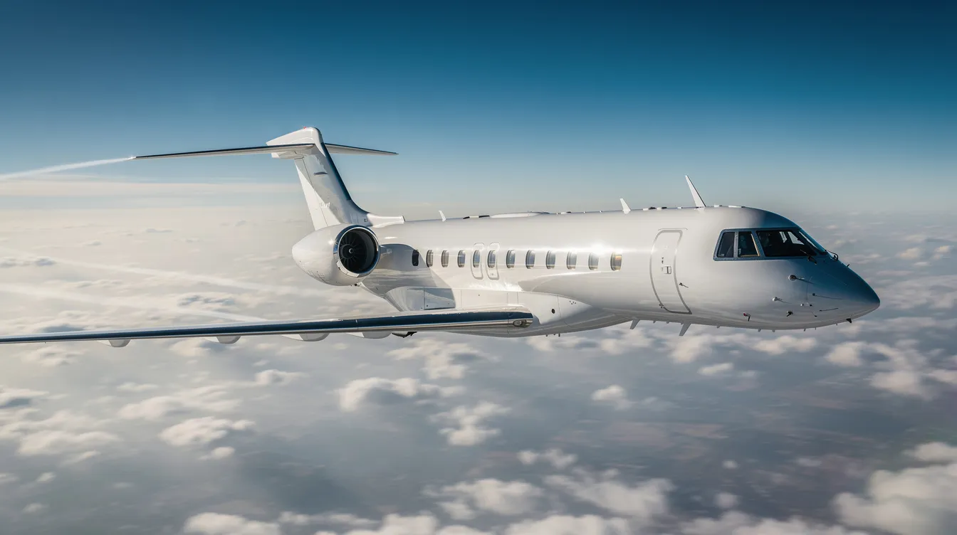 The image features a sleek private jet designed for regional airlines, showcasing its aerodynamic shape and modern cabin. This smaller aircraft is ideal for medium range flights, offering passengers a comfortable journey with premium seating and enhanced efficiency for shorter routes.
