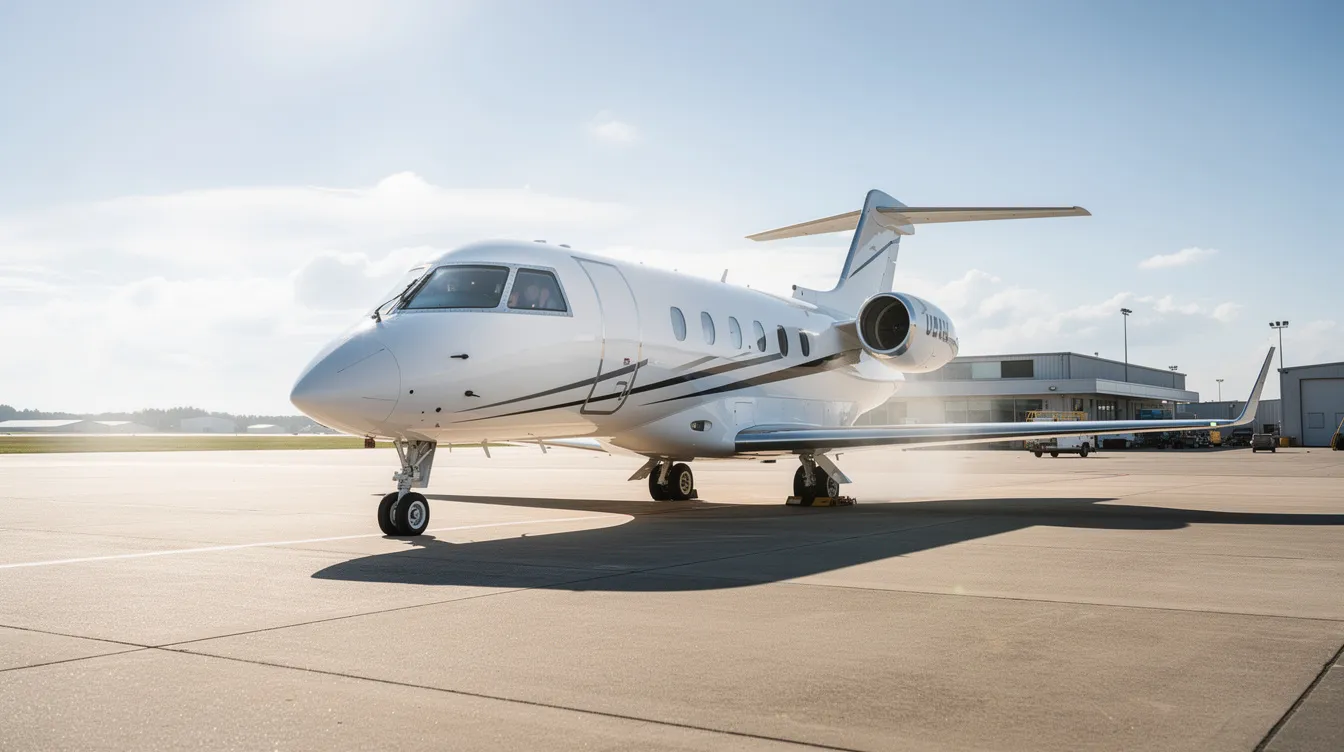 A sleek private jet, part of a modern fleet, is parked on a sunlit tarmac at a small regional airport, showcasing the elegance of private aviation. This aircraft, possibly a Cessna Citation Latitude, represents the quality and dedication associated with Nicholas Air and its commitment to providing an exceptional member experience.