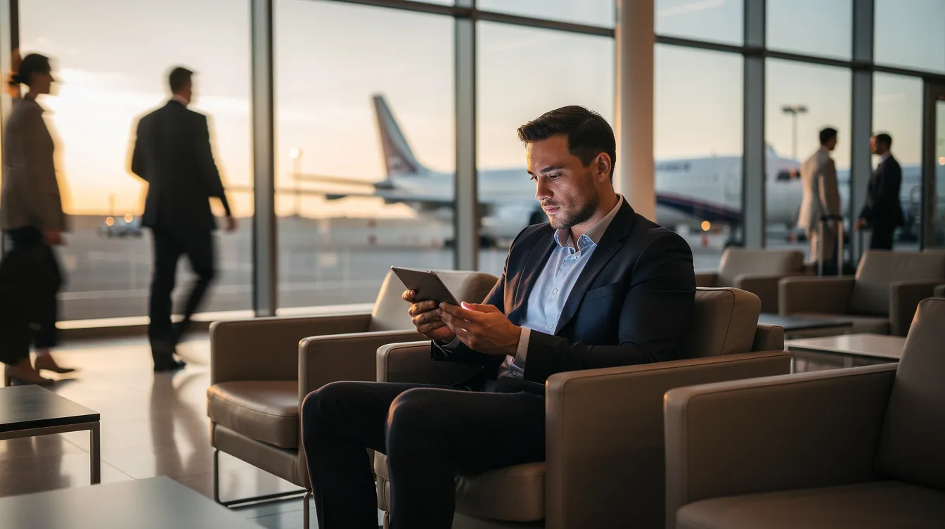 A business traveler sits comfortably in a modern airport lounge, focused on a tablet computer, likely planning their next flight or checking updates on their travel itinerary. The lounge is designed for relaxation and productivity, with sleek furniture and a view of the bustling terminal, embodying the future of air travel and service in the aviation industry.