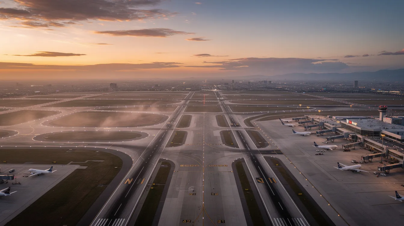 An aerial view captures the intricate layout of airport runways and taxiways at sunset, showcasing the vibrant colors of the sky reflecting on the ground. This image highlights the bustling activity of aircraft and passengers at BWI Marshall Airport, emphasizing the importance of aviation in connecting families and facilitating flights.