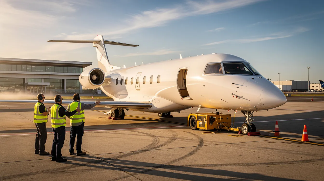 A private jet is parked on the tarmac of an airport, with ground crew members nearby attending to the aircraft. The scene captures the essence of general aviation, highlighting the operations and services provided at busy airports like BWI Marshall Airport.