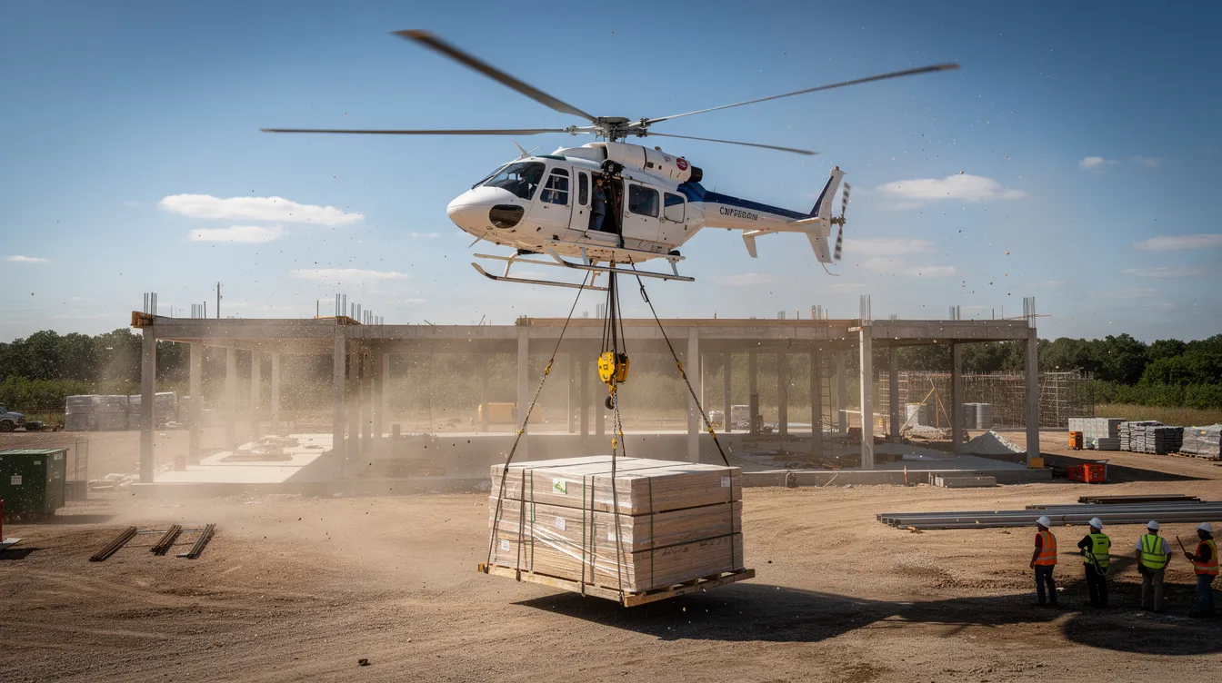The image depicts a light utility helicopter, specifically an Airbus AS350 B3, performing an external sling load operation with construction materials suspended below it. The helicopter is in flight, showcasing its capability for high-performance missions while the pilot maintains control, ensuring safety during the operation.