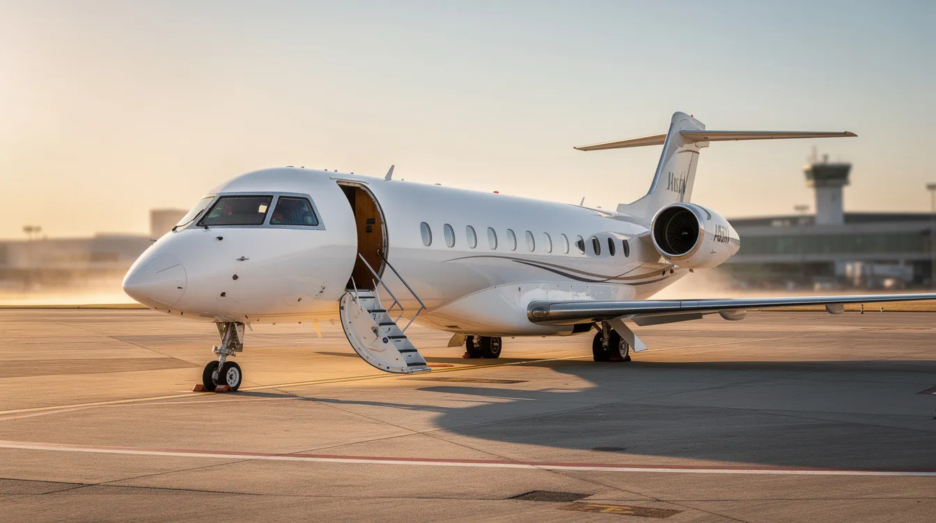 A sleek business jet, specifically an Airbus ACJ320neo, is parked on the airport tarmac with its stairs extended, ready for boarding. This corporate jet, designed for comfort and efficiency, can accommodate up to eight passengers and features cutting-edge technology and new engines for an enhanced flying experience.