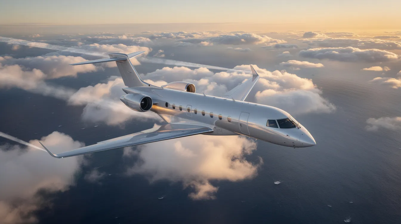 A private jet aircraft, specifically an Airbus ACJ320neo, soars above fluffy clouds over the ocean, showcasing its sleek design and cutting-edge technology. With a spacious cabin designed for comfort, this business jet can accommodate up to eight passengers, flying at an altitude of 41,000 feet.