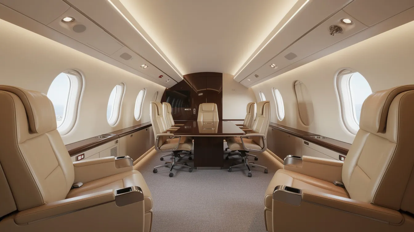 The image depicts a spacious aircraft cabin interior of a Boeing business jet, featuring luxurious leather seating arranged in a conference area, providing a comfortable environment for meetings or relaxation. The design emphasizes cabin space and comfort, characteristic of purpose-built business jets like the Boeing BBJ variants.