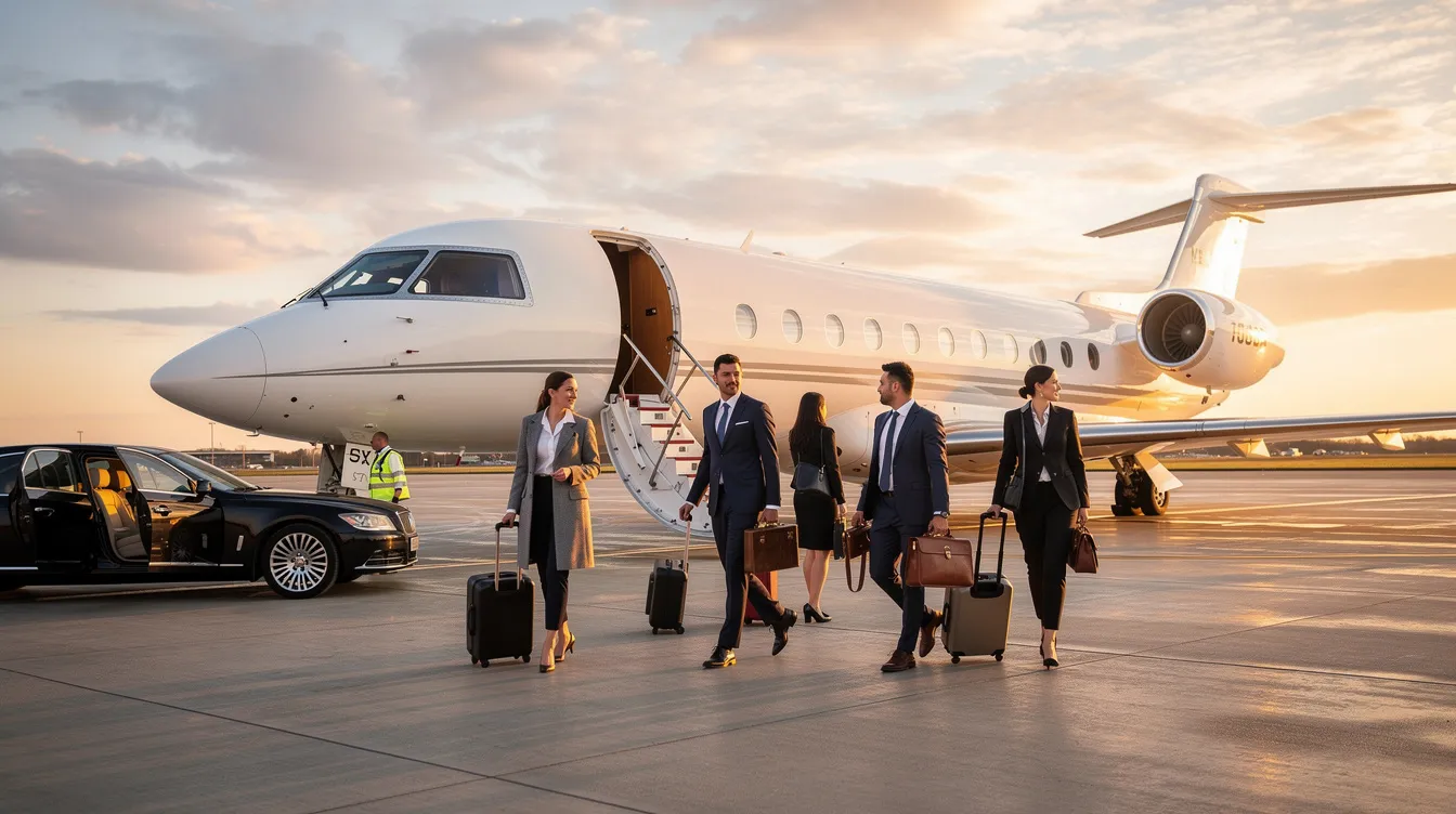 A group of business travelers is seen boarding a large Boeing business jet, specifically a BBJ model, designed for comfort and efficiency in commercial aviation. The aircraft features a spacious cabin and is equipped to accommodate high-profile customers, showcasing the luxury and practicality of purpose-built business jets.