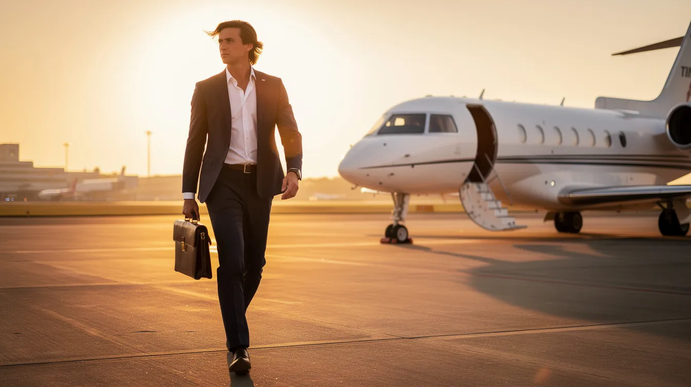 An executive dressed in a tailored suit walks confidently toward a private jet on the airport tarmac, illuminated by the warm hues of sunset. This scene captures the essence of luxury air travel, highlighting the exclusivity often associated with business class flights.