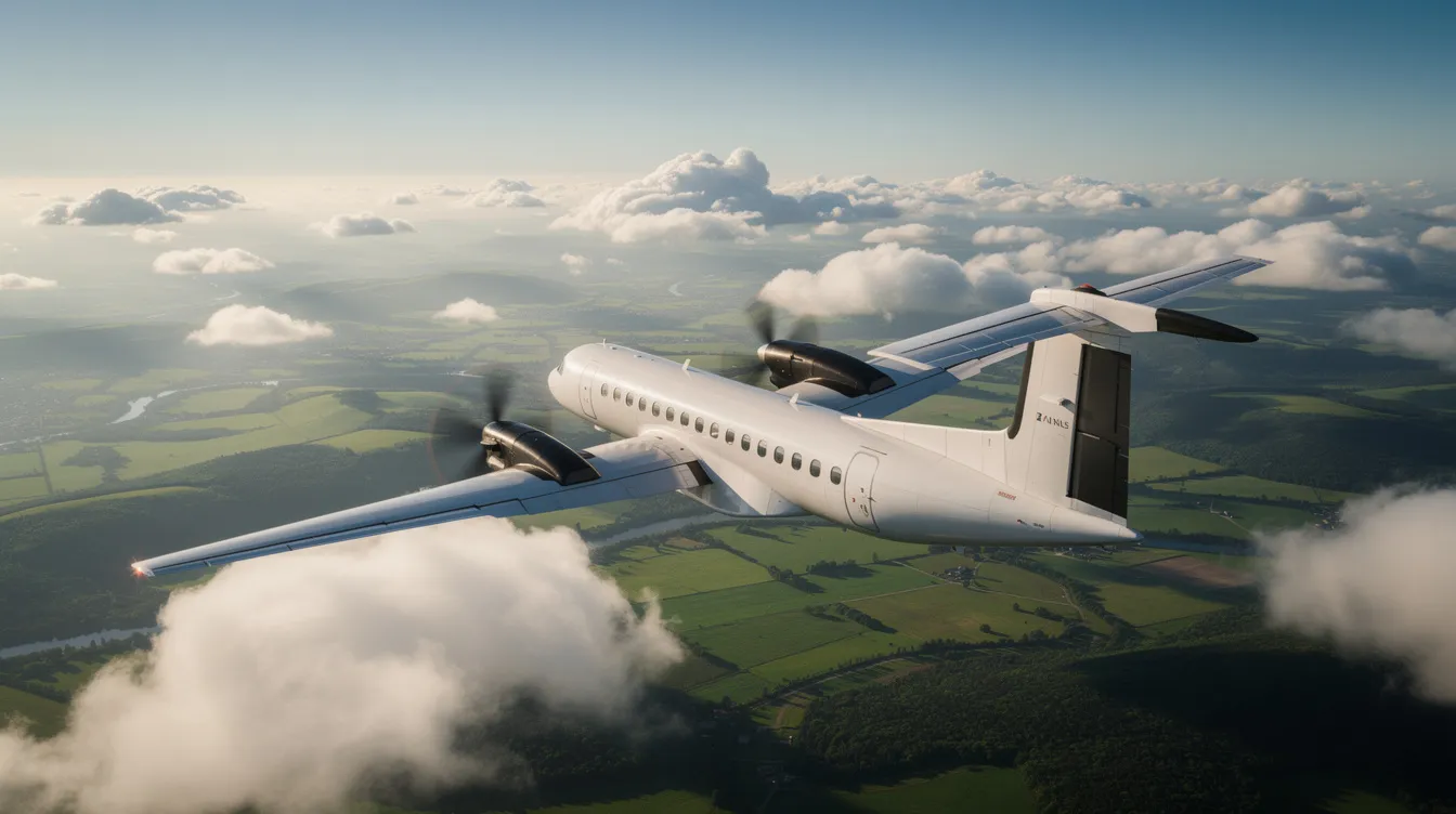 A twin-engine turboprop aircraft from Textron Aviation soars above scattered clouds, showcasing its advanced design and performance, while a lush green landscape stretches out below. This image captures the essence of general aviation aircraft flying in a serene environment, symbolizing the journey of flight.