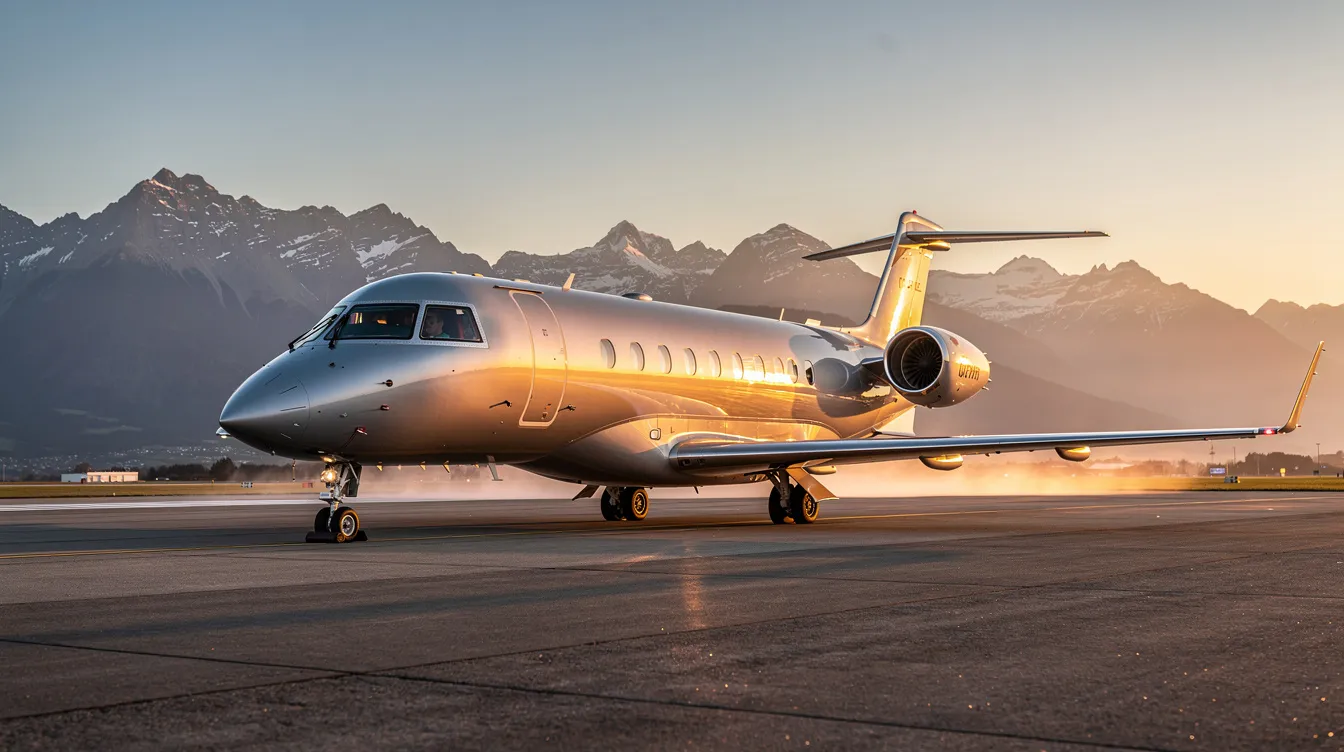 A sleek business jet is parked on an airport tarmac during the golden hour, with majestic mountains in the background. This advanced aircraft represents Textron Aviation, showcasing the company's commitment to delivering high-performance general aviation aircraft worldwide.