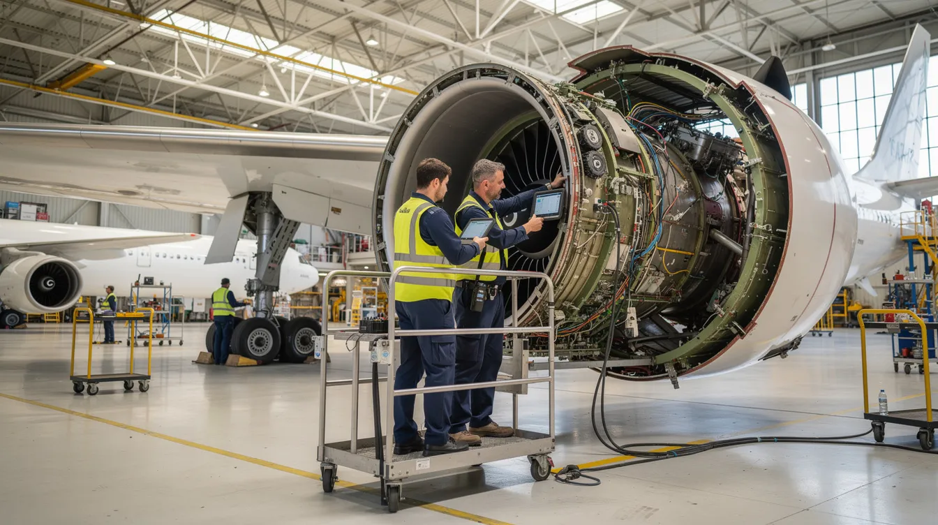 Two aircraft technicians are diligently working on a jet engine inside a well-lit maintenance hangar, showcasing their expertise in aviation maintenance. The scene reflects the commitment of Textron Aviation to ensuring high-performance business jets and general aviation aircraft are well-supported by talented service center teams.