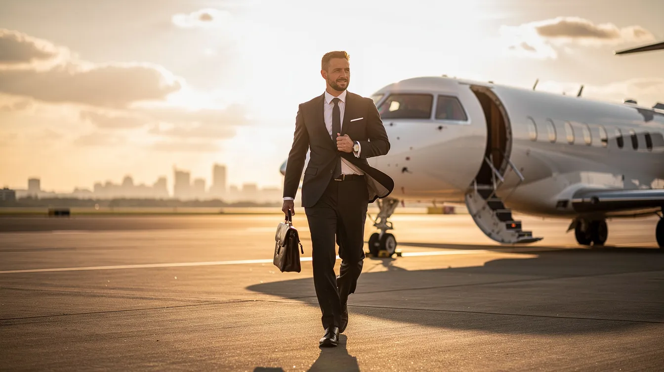 An executive in a sharp business suit walks confidently toward a sleek private jet parked on the runway, showcasing the luxurious side of business aviation. This scene highlights the efficiency and exclusivity of private jet travel, emphasizing the benefits of business jet charters for today's professionals.