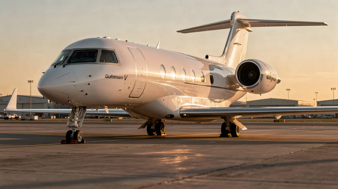 The image showcases a Gulfstream V, a long-range business jet known for its large cabin volume and upgraded avionics. It features a four-place club arrangement, highlighting its custom interior designed for comfort during long journeys, and is capable of flying non-stop with a maximum range that makes it ideal for private jet travelers.
