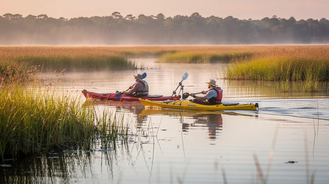 Two kayakers are paddling through a serene marsh, surrounded by tall grasses that sway gently in the breeze, capturing the peaceful essence of outdoor activities near Virginia Beach. The calm waters reflect the vibrant greenery, making it a perfect spot for visitors seeking a tranquil escape in southeastern Virginia.
