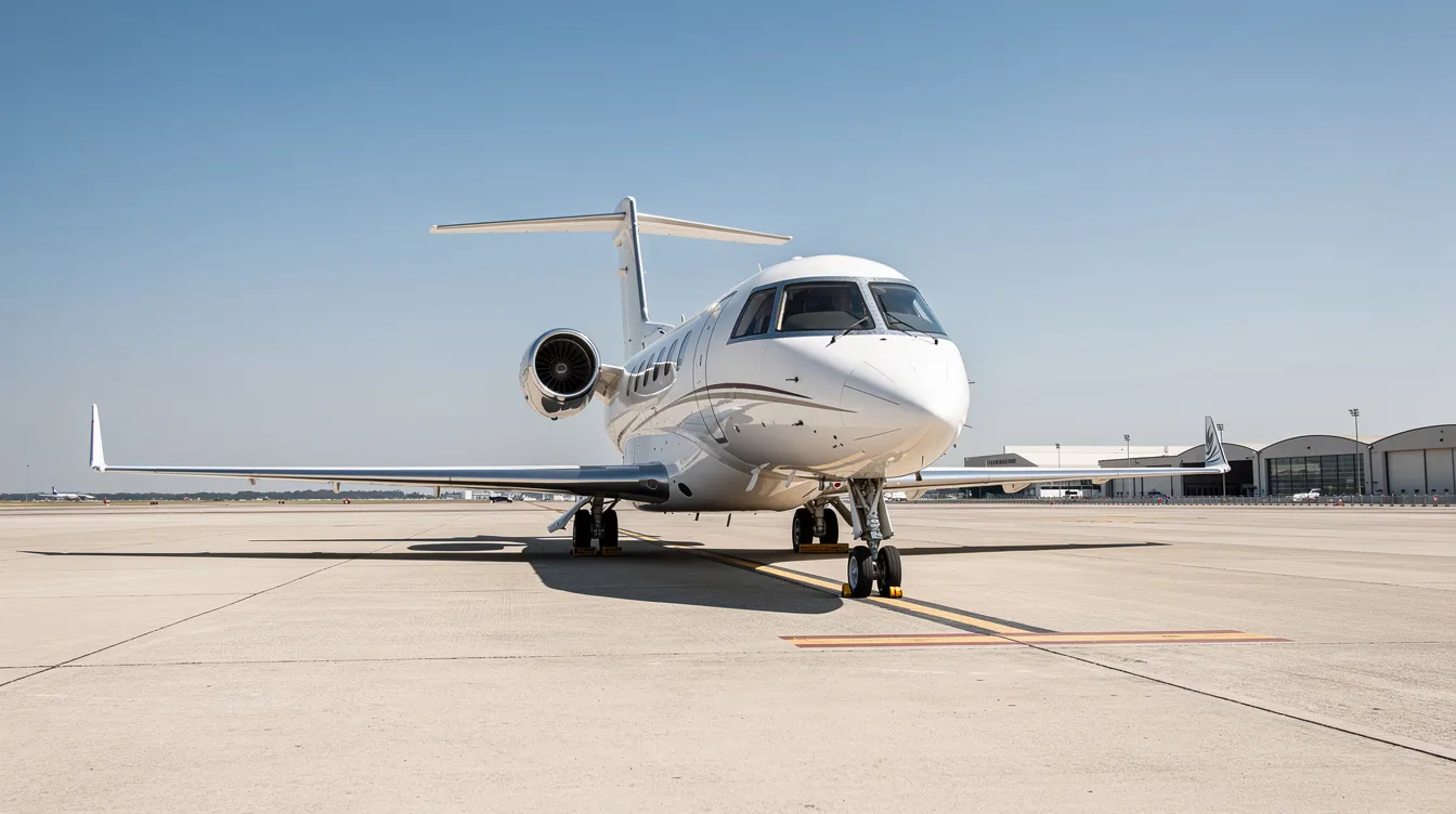 A small private jet is parked on the airport tarmac under a clear blue sky, symbolizing travel and luxury. This scene evokes the allure of visiting Virginia Beach, a popular resort city on the East Coast known for its stunning oceanfront and vibrant community.