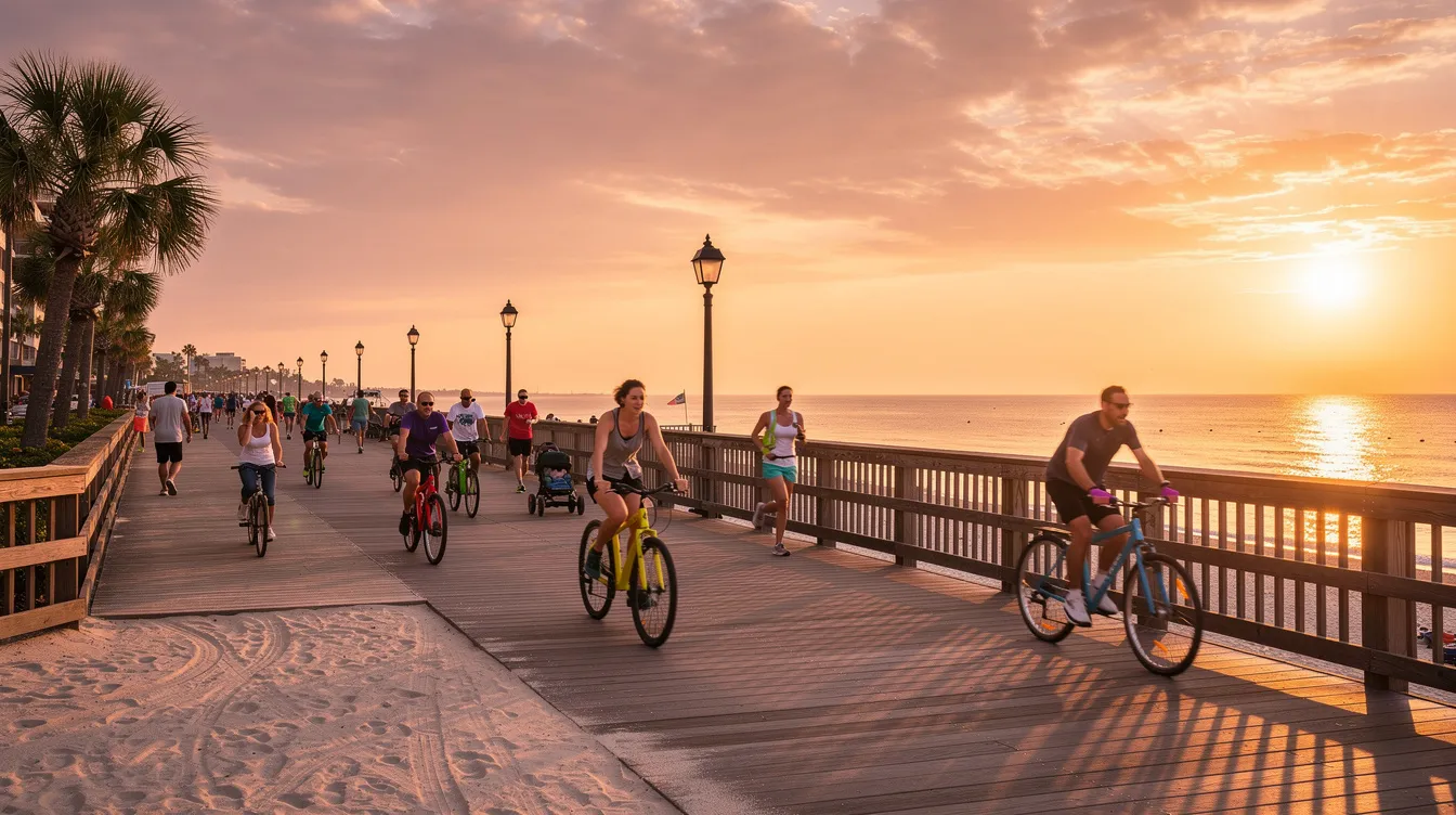 The image depicts a lively scene at sunset on a wide beach boardwalk in Virginia Beach, where people are walking and cycling, enjoying the warm air and vibrant atmosphere. The backdrop features the Atlantic Ocean, creating a picturesque setting that invites visitors to explore local restaurants and outdoor activities in this popular resort city.