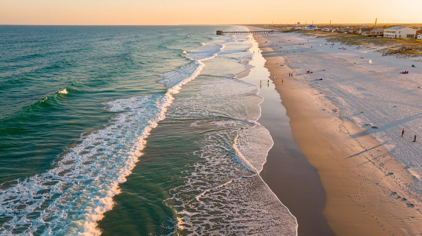 An aerial view captures a long stretch of sandy beach along the Atlantic Ocean, with gentle waves lapping at the shore and a distant boardwalk visible. This vibrant scene showcases the beauty of Virginia Beach, a popular resort city in southeastern Virginia, inviting visitors to explore its outdoor activities and local restaurants.