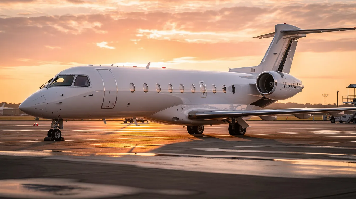A modern private jet is parked on the airport tarmac, bathed in the warm hues of a sunset. This luxurious aircraft, ideal for private jet charter flights from Los Angeles to New York, stands ready for travelers seeking a comfortable and stylish way to fly.