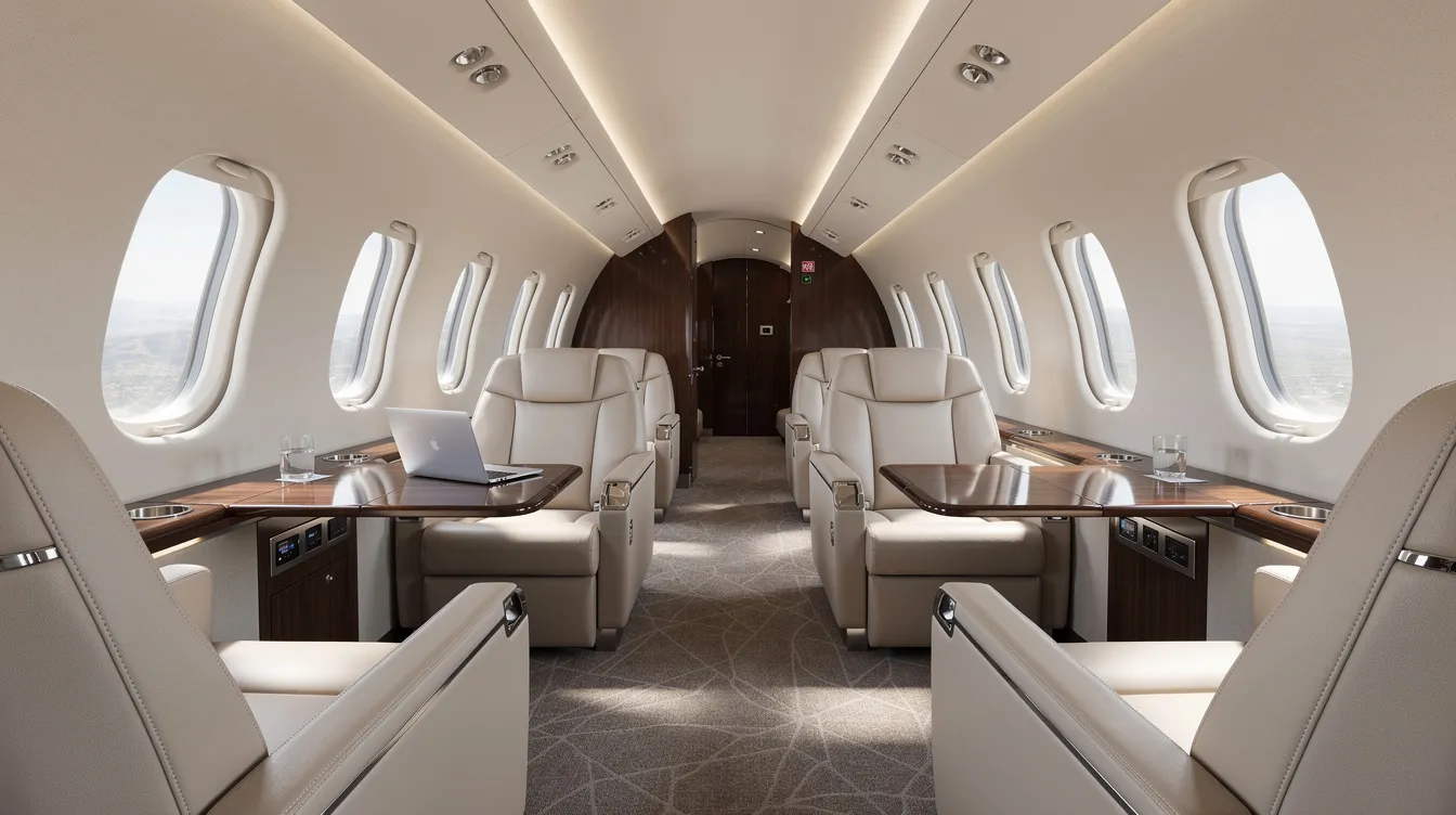 The image depicts the interior of a modern private jet featuring luxurious leather seats and work tables, designed for comfort and productivity during private jet flights. This elegant space is ideal for business travelers flying from Los Angeles to New York, offering a sophisticated environment for work or relaxation.
