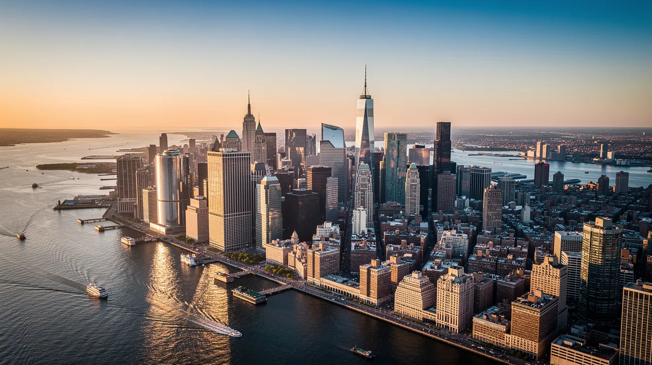 An aerial view of the Manhattan skyline showcases iconic skyscrapers against the backdrop of the Hudson River, highlighting the vibrant energy of New York City. This scene reflects the luxury of private jet travel, as it connects Los Angeles to New York with ease and elegance.