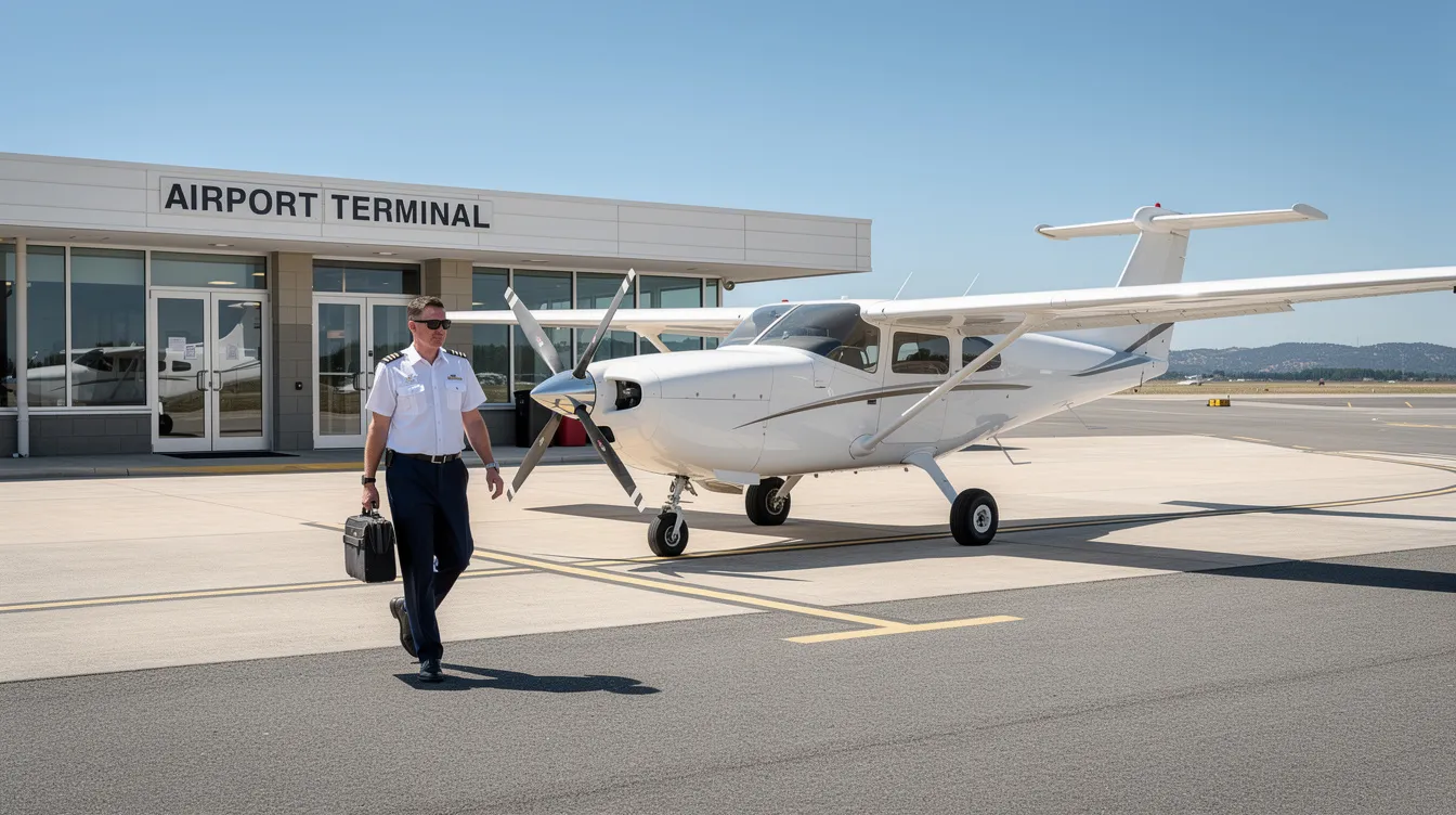 A pilot walks toward a parked single-engine aircraft in front of a small terminal building at South Valley Regional Airport in Utah, under a sunny sky with scattered clouds. The scene captures the essence of general aviation in a tranquil setting, just seven miles from Salt Lake City.
