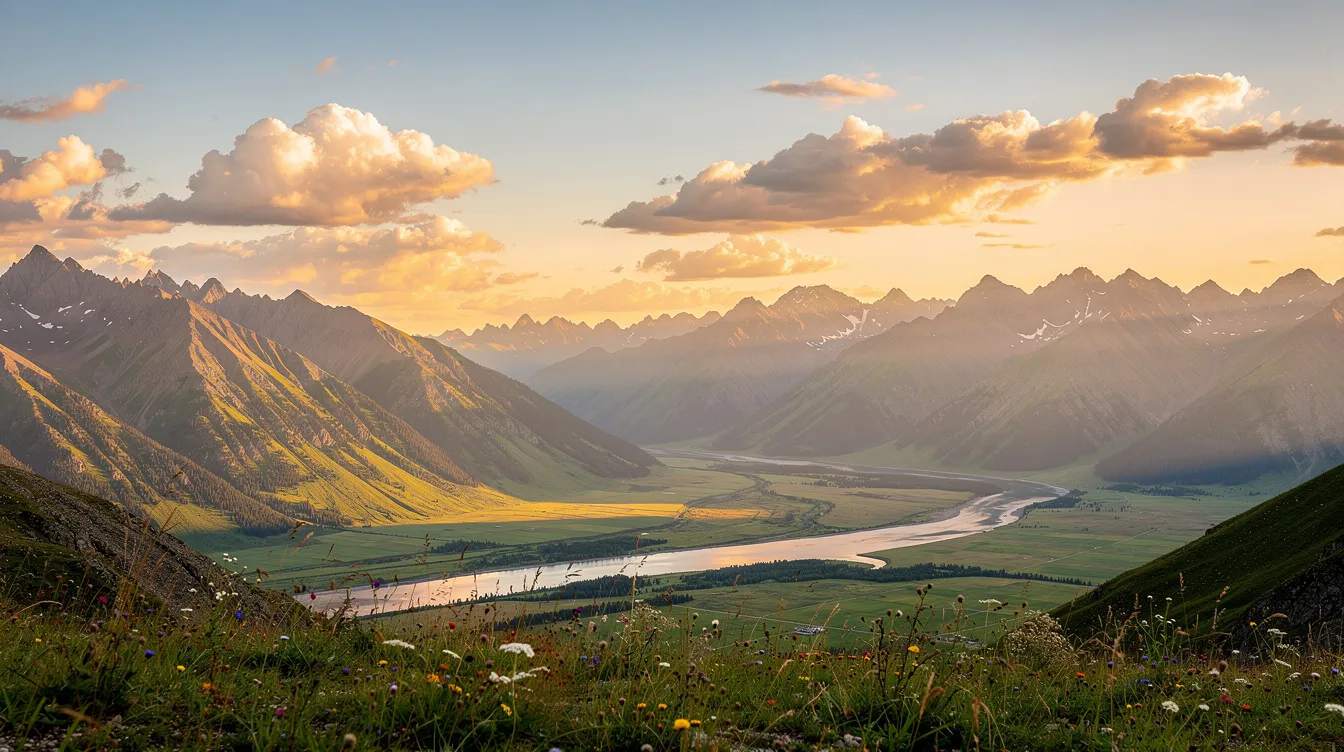 The image depicts a stunning mountain landscape bathed in golden hour light, with scattered clouds drifting over a lush valley. This serene view showcases the natural beauty of Utah, near the South Valley Regional Airport, highlighting the area's picturesque scenery.
