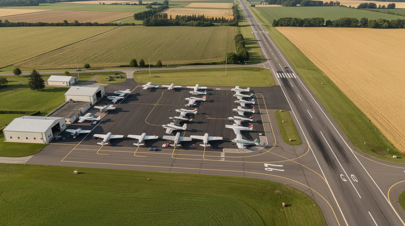 An aerial view of South Valley Regional Airport in Utah showcases small aircraft parked on an asphalt ramp, surrounded by open fields and scattered clouds in the sky. This general aviation airport, located near Salt Lake City, features one runway and is a hub for local pilots and aviation enthusiasts.