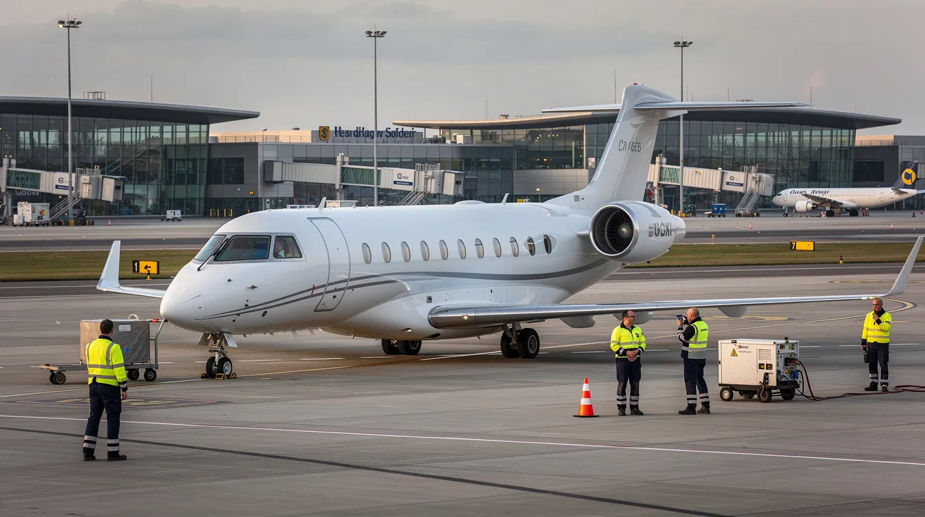 A sleek business jet, possibly a Dassault Falcon or Gulfstream, is parked on the tarmac at a European airport, with ground crew members nearby attending to the aircraft. This scene highlights the exceptional services and safety standards of private flying in central and eastern Europe, particularly at airports like Václav Havel in Prague and Štefánik in Bratislava.