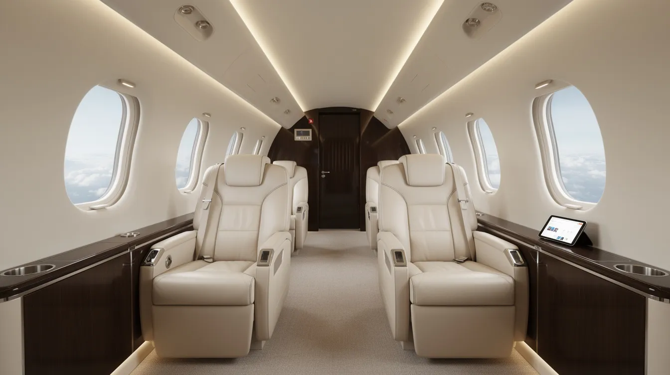 The image depicts the interior of a modern business jet cabin, featuring luxurious leather seats and soft ambient lighting, creating an atmosphere of comfort and elegance for private flying. This setting reflects the quality and exceptional services provided by companies like ABS Jets, which operates a fleet of aircraft from airports such as Václav Havel and Štefánik in Central and Eastern Europe.