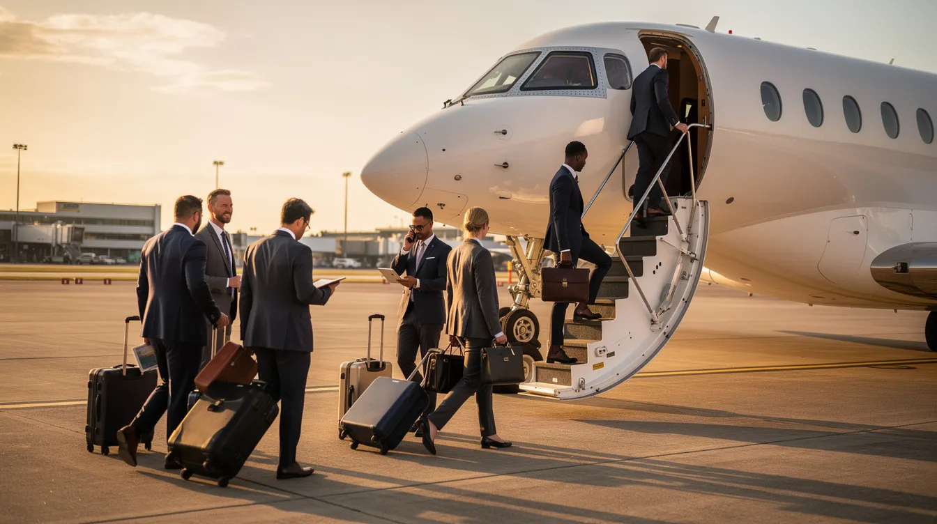 A group of business travelers is boarding a private jet, specifically a Dassault Falcon, on the tarmac of Václav Havel Airport in Prague. The scene highlights the exceptional services offered by the ABS Jets fleet, emphasizing the quality and safety of private flying in Central and Eastern Europe.