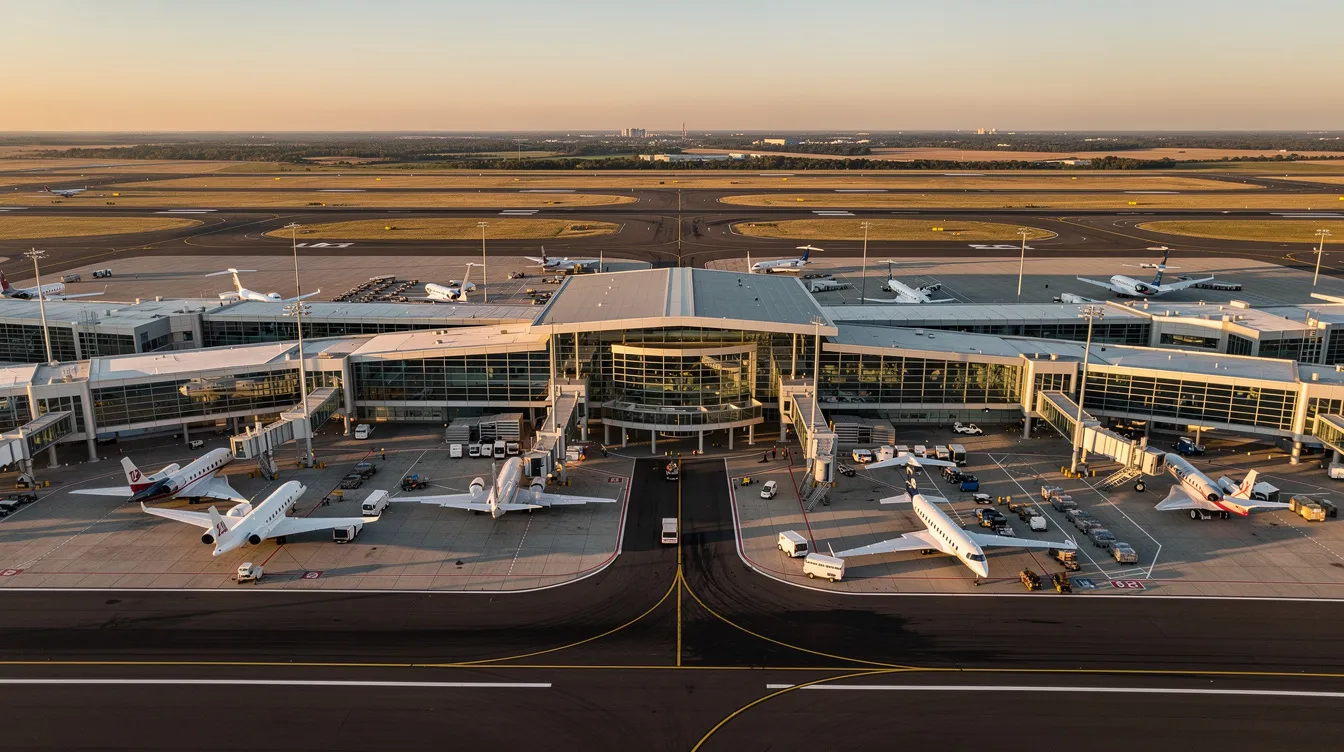 An aerial view of a modern airport terminal showcases private jets parked on the tarmac, highlighting the elegance of private aviation and the efficiency of ground handling operations. The terminal, designed for executive aviation, features a sleek structure that emphasizes luxury and convenience for international trip planning and charter flights.