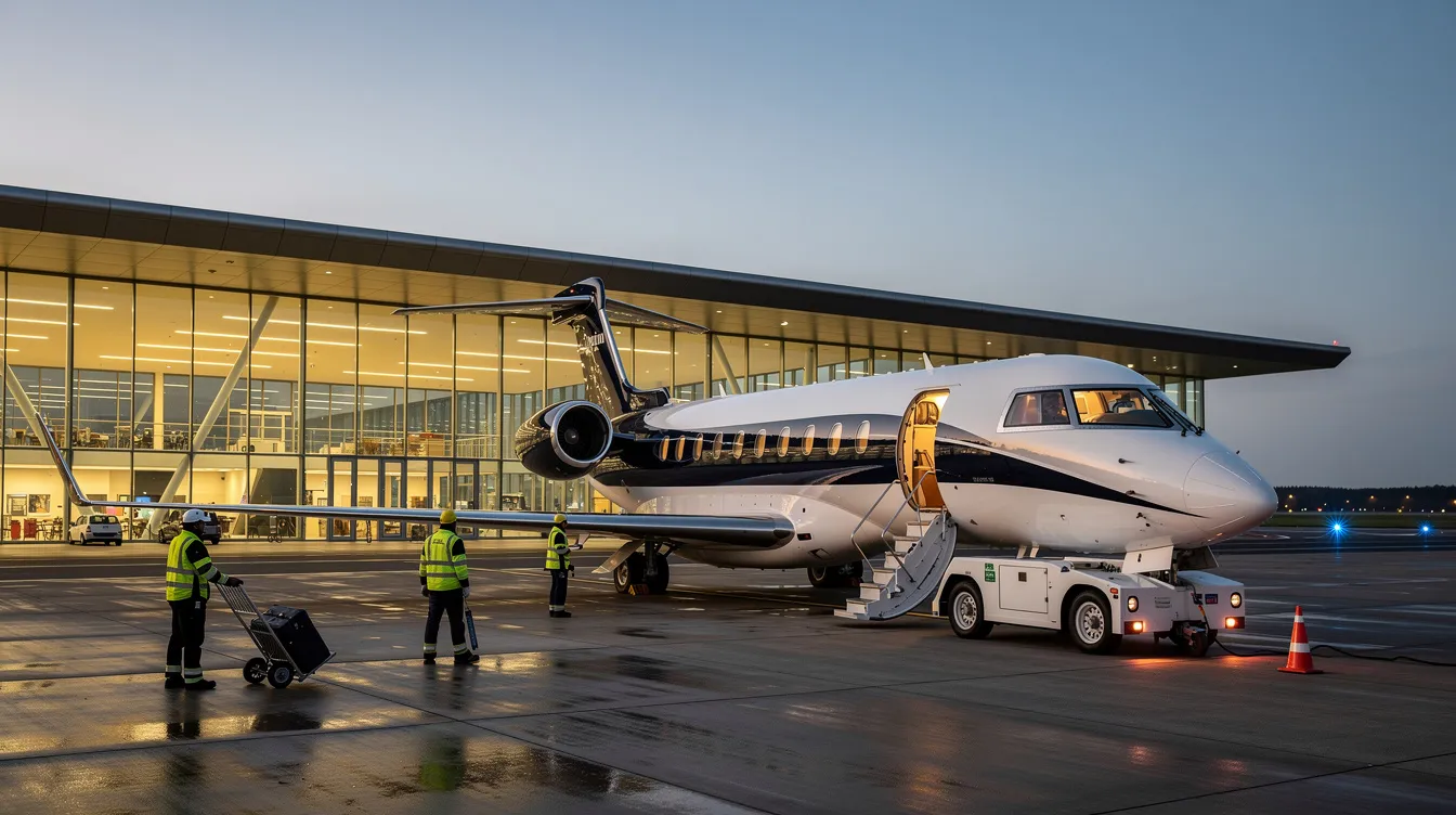 A modern private jet is parked at a sleek terminal building, surrounded by ground crew members engaged in aircraft fueling and other ground handling operations, highlighting the luxury of private aviation services. The scene reflects the excellence of executive aviation and the convenience of private terminals for international trip planning.