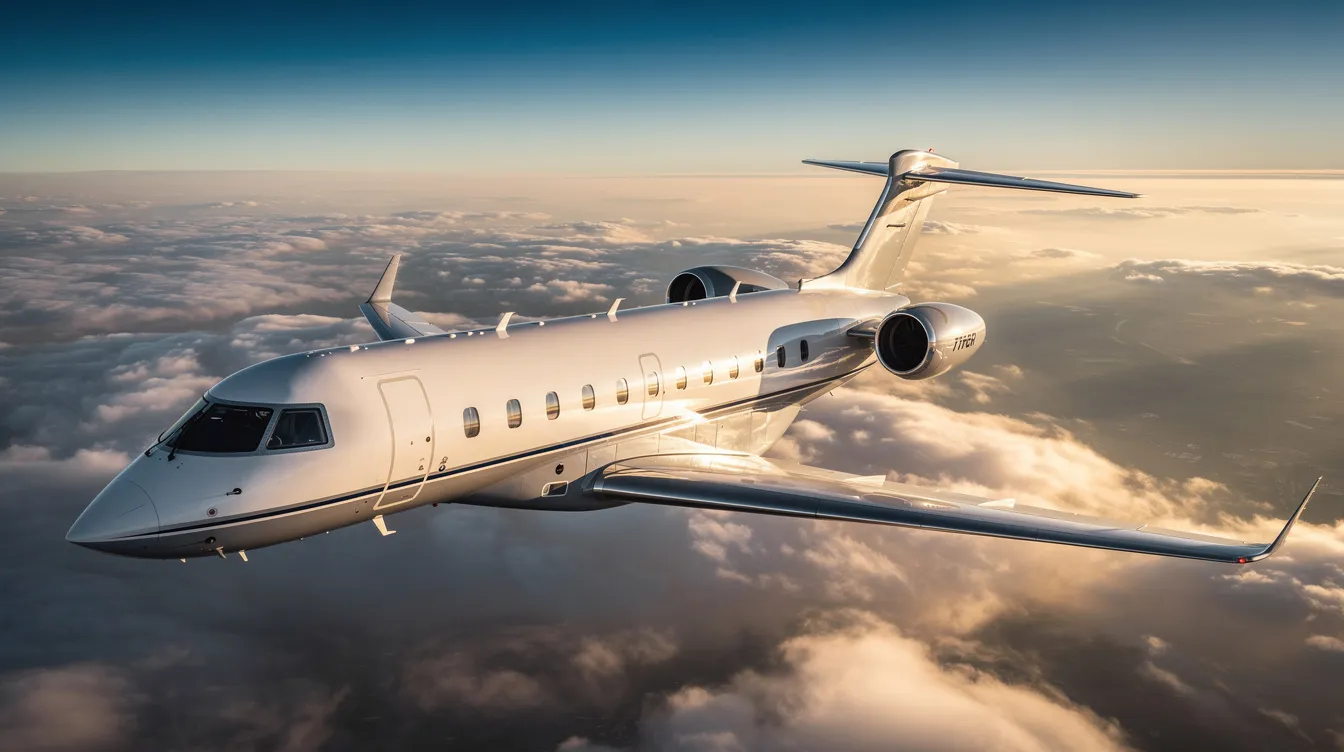 The image features a sleek private jet aircraft, showcasing a luxurious exterior and an elegant design, representing the pinnacle of private aviation. This aircraft symbolizes the global jet concept, connecting global cities seamlessly while delivering unmatched comfort and a world-class experience.