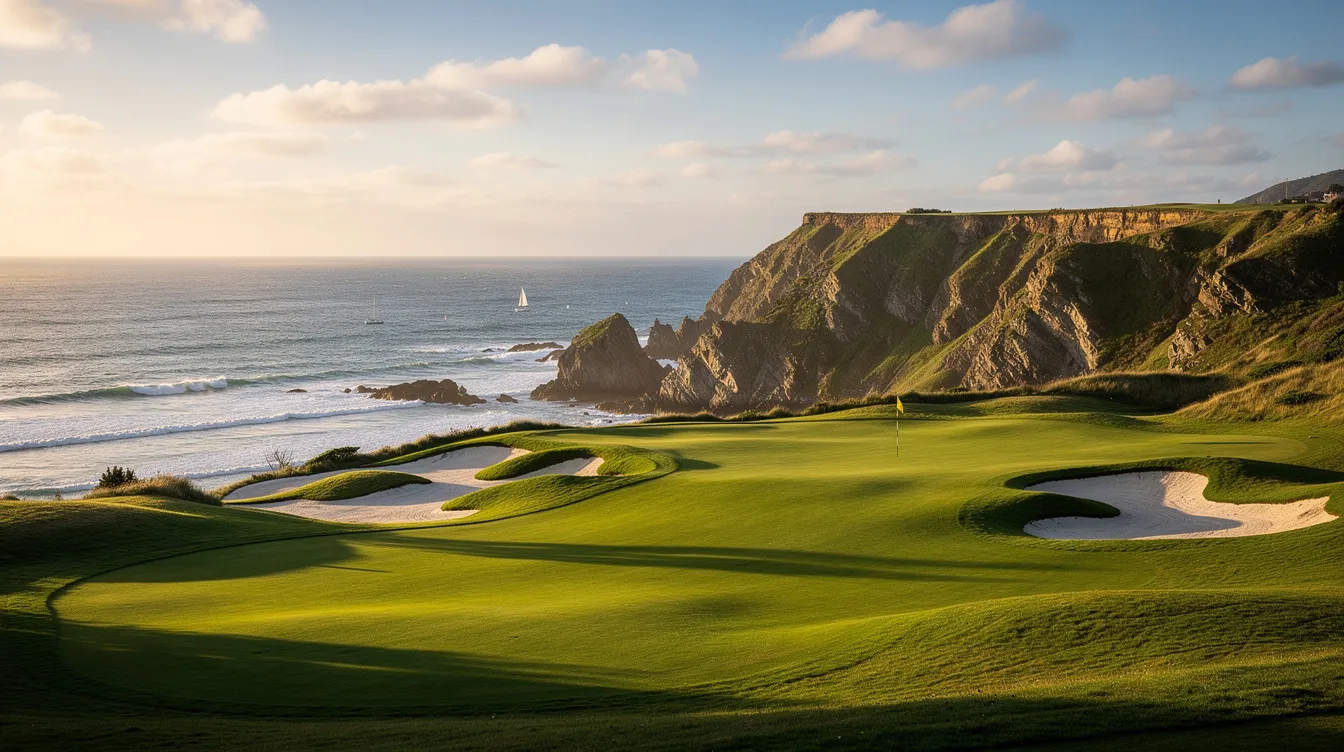 A scenic golf course in North Bend, Oregon, features lush green fairways with stunning ocean views and coastal bluffs in the background, creating a picturesque setting for players. The image captures the beauty of the Oregon coast, inviting golfers to enjoy the natural landscape while playing.