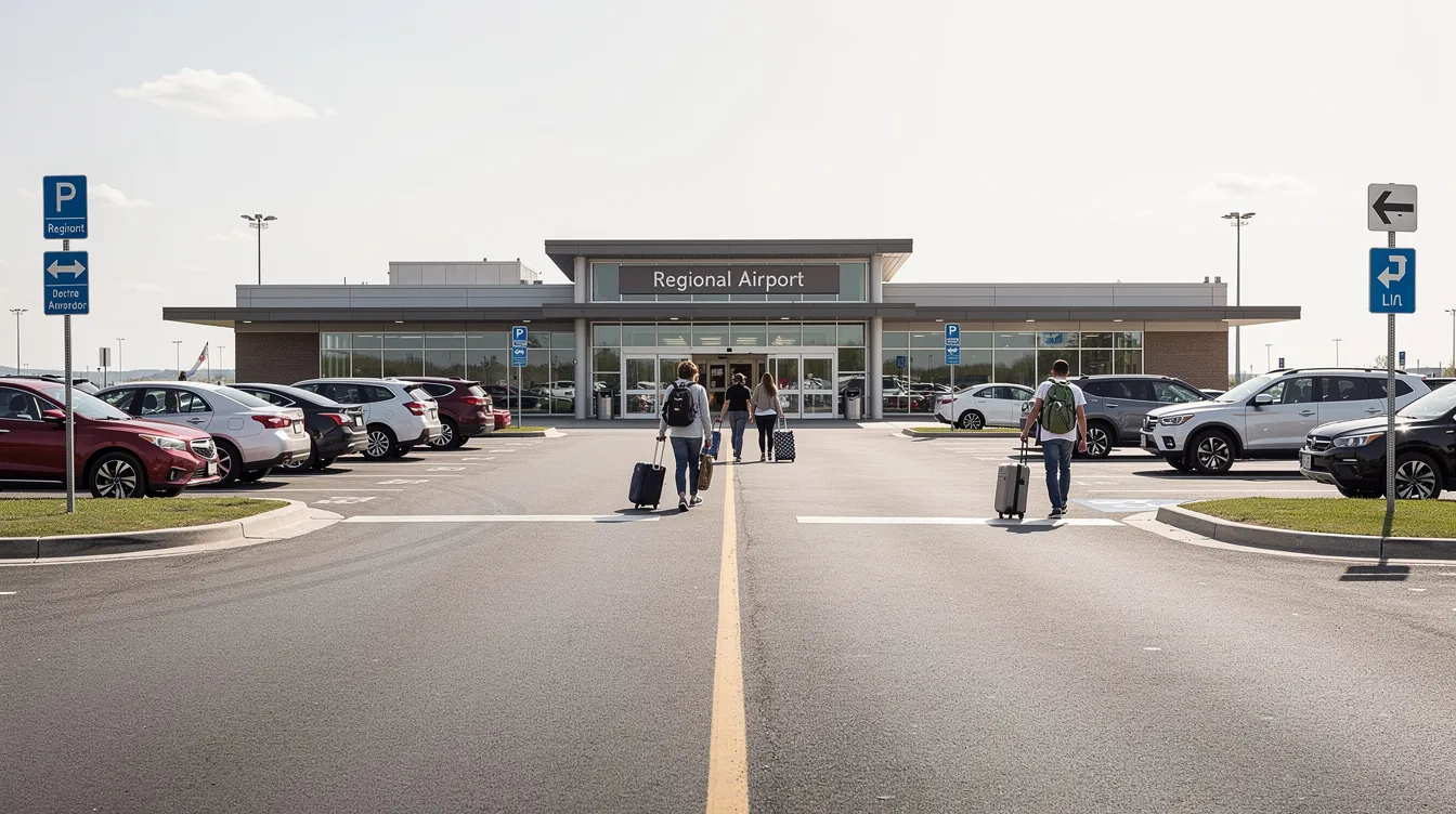 The image depicts a small regional airport terminal building at the Southwest Oregon Regional Airport in North Bend, with a parking lot in front where travelers are walking toward the entrance, ready to board their flights. The scene captures the essence of a bustling airport environment in Oregon, highlighting the connection to various destinations.