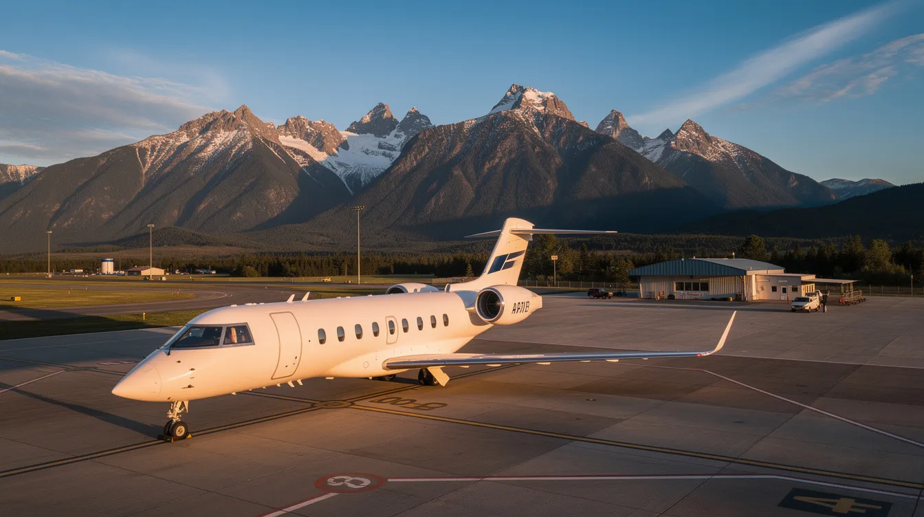 A private jet is parked on the tarmac of the Southwest Oregon Regional Airport, with a backdrop of majestic mountains. The scene captures the essence of a small regional airport in North Bend, Oregon, highlighting the tranquility of the Oregon coast.