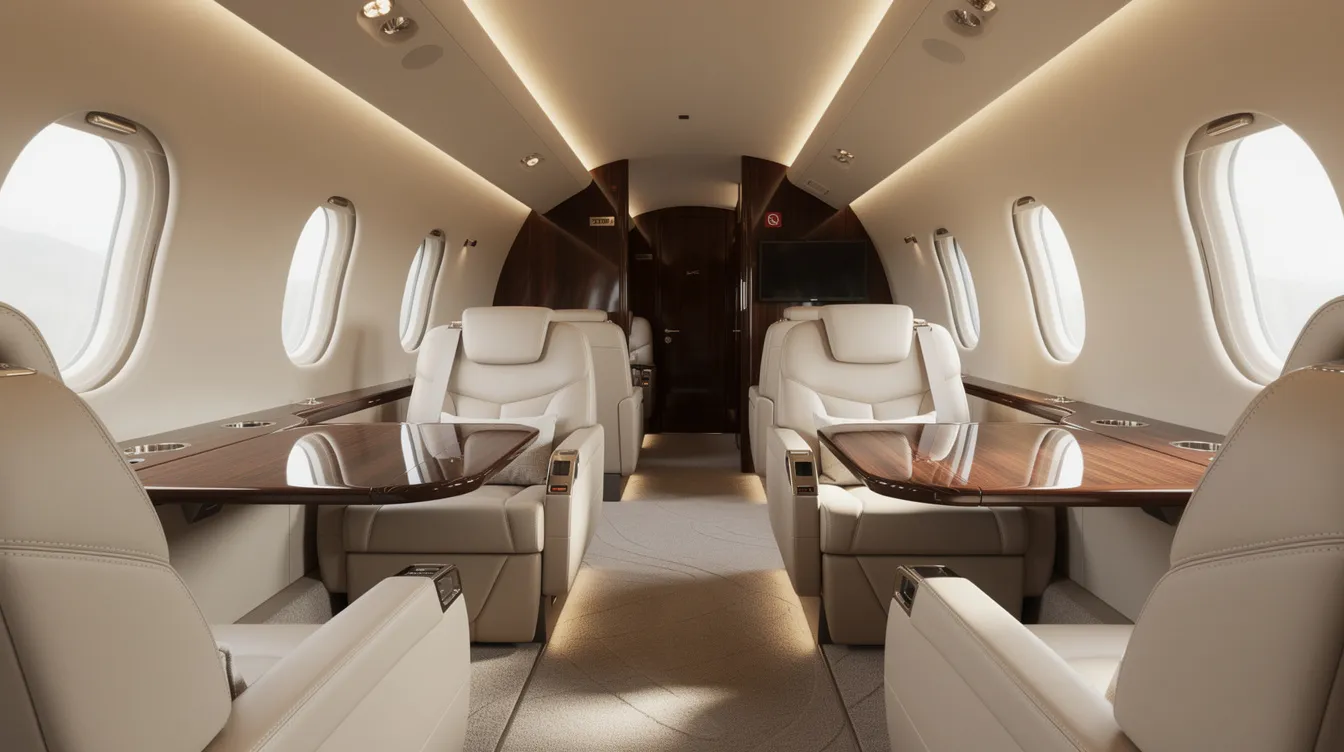 The image depicts the luxurious interior of a private jet cabin, featuring plush leather seats and elegant wooden tables, designed for comfort and productivity in business aviation. This spacious cabin, part of a Bombardier Global Express aircraft, reflects the high standards of commercial aviation with its sophisticated configuration and attention to detail.