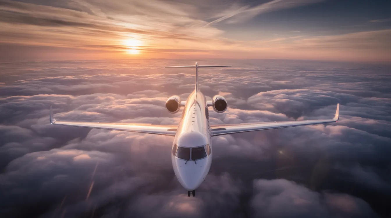 A sleek business jet, resembling a Bombardier Global Express, soars above fluffy clouds during a stunning sunset, casting a warm glow on its wings. The aircraft embodies the pinnacle of business aviation, showcasing advanced technologies and performance capabilities as it navigates the skies.