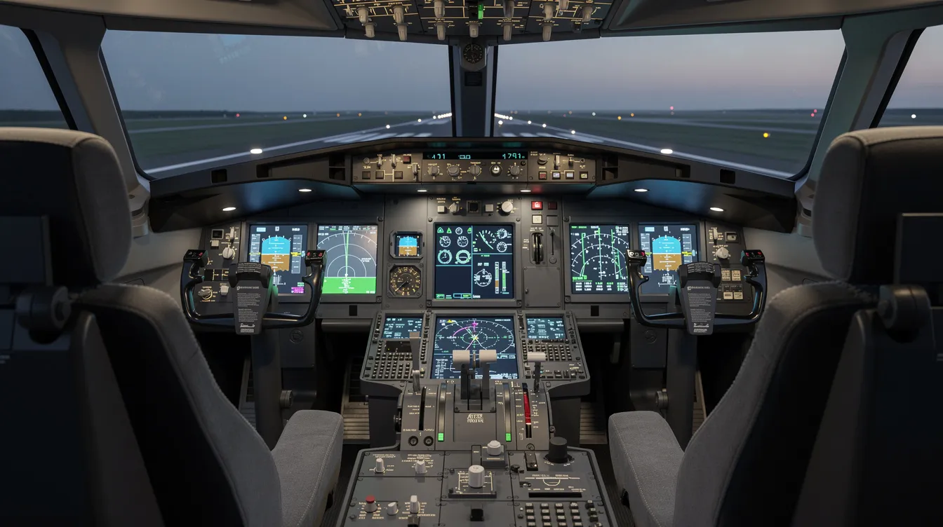 The image depicts a modern aircraft cockpit featuring advanced digital displays and controls, characteristic of the Bombardier Vision Flight Deck found in business jets like the Bombardier Global Express. The layout emphasizes safety and performance, with various instruments designed to monitor speed, altitude, and other critical flight data.