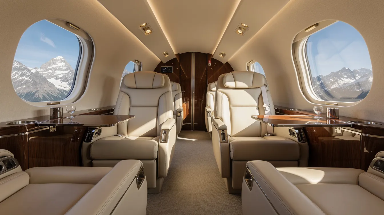 The image depicts the luxurious interior of a private jet, featuring plush leather seats and large windows that showcase stunning mountain views, likely from the Roaring Fork Valley near Aspen. This elegant travel experience offers passengers a comfortable and scenic journey, reminiscent of the convenience found at Aspen Pitkin County Airport.
