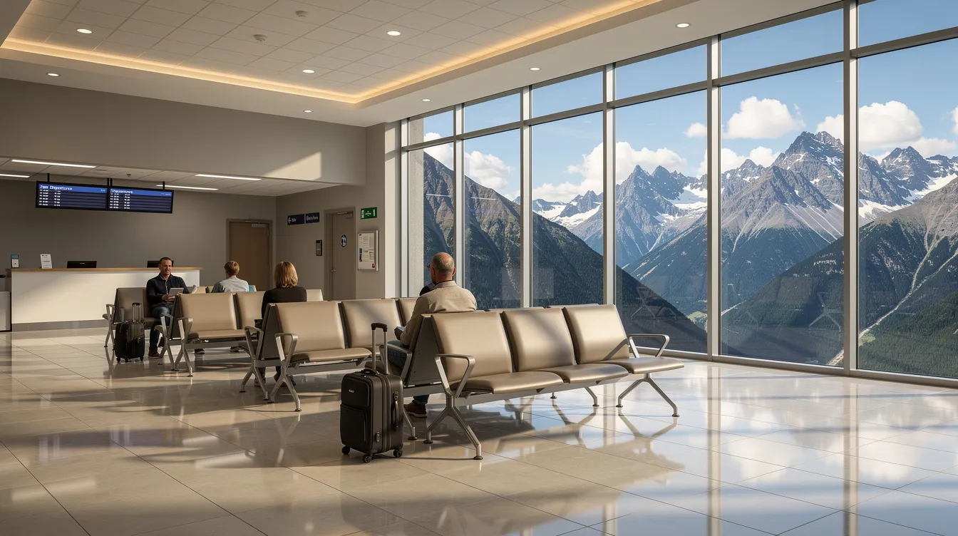 The image shows the interior of the Aspen Pitkin County Airport terminal, featuring large windows that provide stunning views of the surrounding mountains. Passengers can be seen waiting near a restaurant and gift shop, creating a cozy atmosphere in this small airport located in the Roaring Fork Valley of Colorado.
