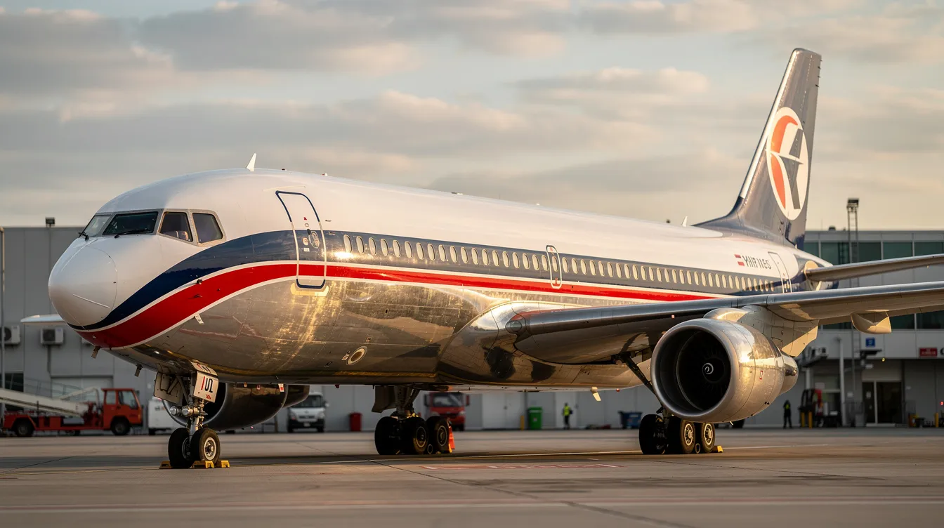 The image features a vintage wide-body aircraft, specifically a Boeing 747, adorned with a classic livery design that evokes nostalgia. This elegant plane showcases its unique exterior, representing a bygone era of aviation.