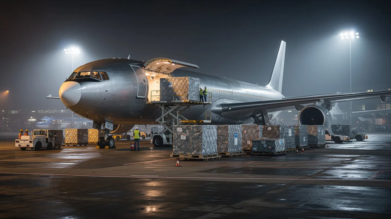 A large Boeing 747 cargo aircraft is being loaded with freight containers at night, illuminated by the lights of Hamad International Airport in Doha. The scene captures the bustling activity of Qatar Airways Cargo as workers efficiently prepare the plane for its next delivery.