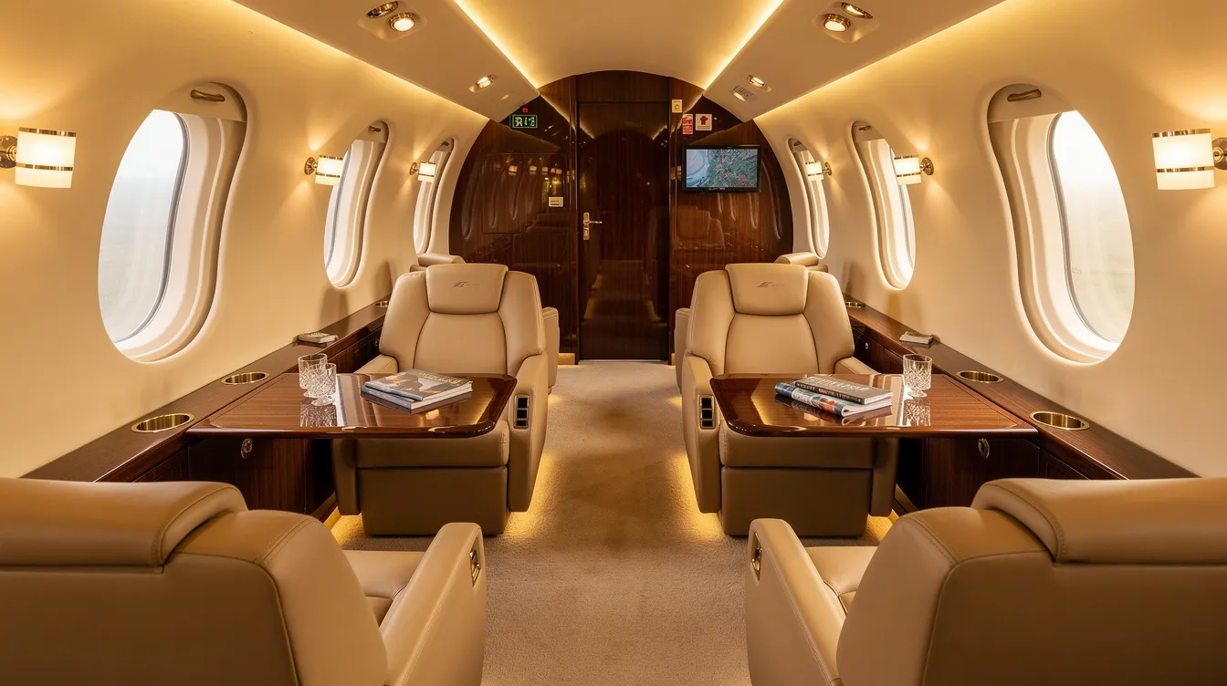 The image depicts the interior of a spacious private jet cabin, featuring luxurious leather seating and warm ambient lighting, creating an inviting atmosphere for passengers. This elegant design is characteristic of high-end airline experiences, reminiscent of those offered by Qatar Airways.